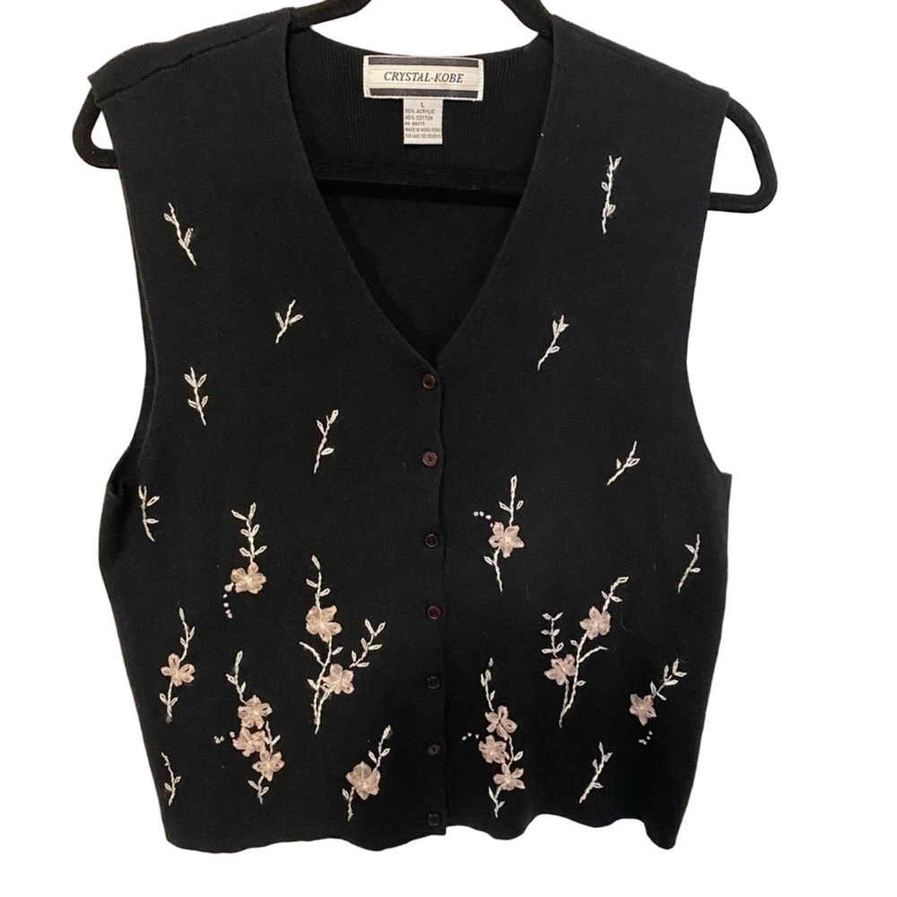 90’s Crystal Kobe Cotton Vest Flower Embroidery L Handcrafted Whimsygoth Dainty